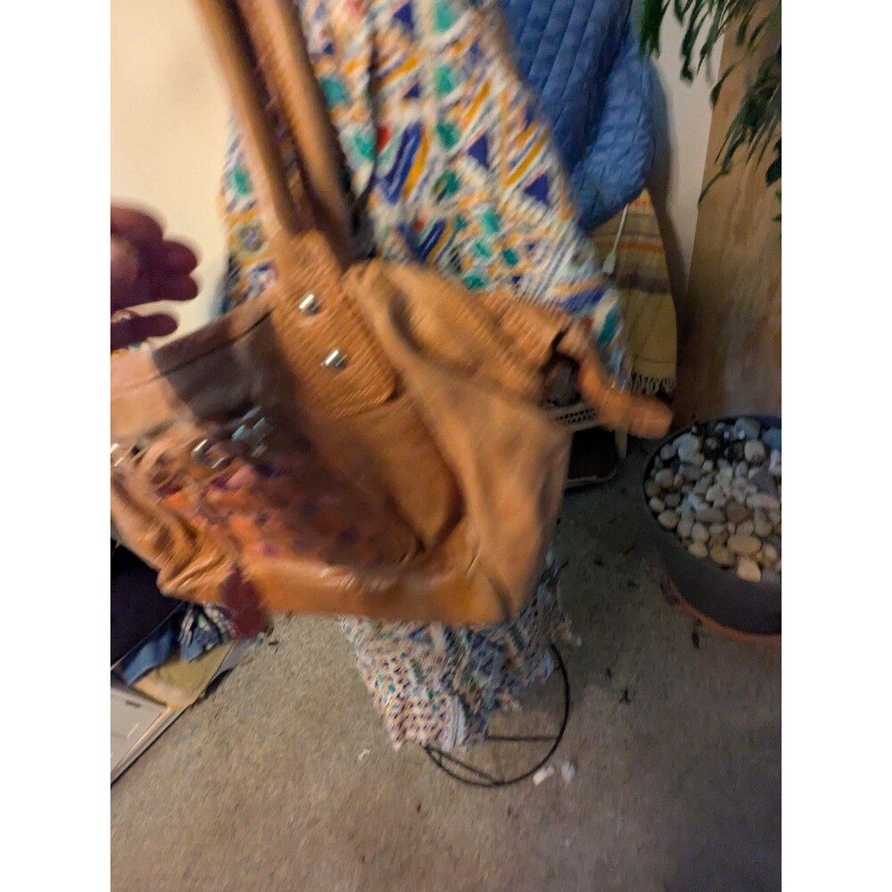 Sofia C. Genuine Leather Satchel Handbag Woven Checkerboard Flower Charm Purse - Picture 7 of 7
